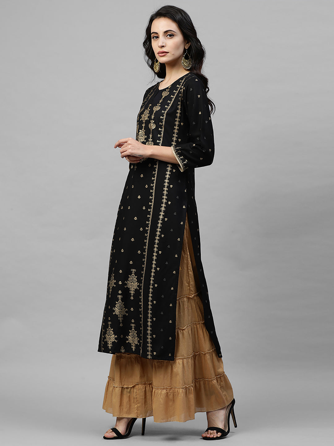 Indo Era Black Foil Printed Straight Kurtas