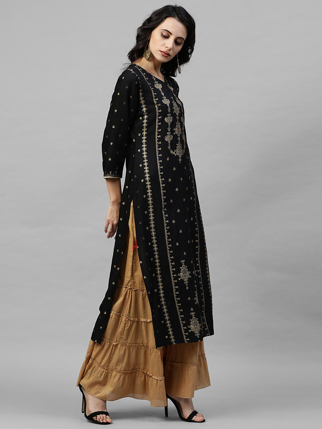 Indo Era Black Foil Printed Straight Kurtas