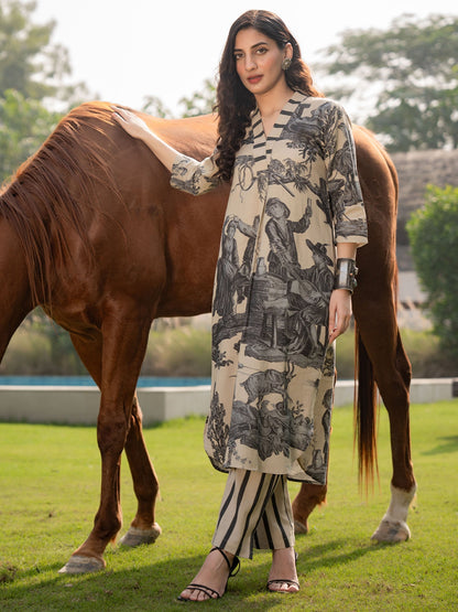Indo Era Beige Printed A-Line Kurta Trousers  Set