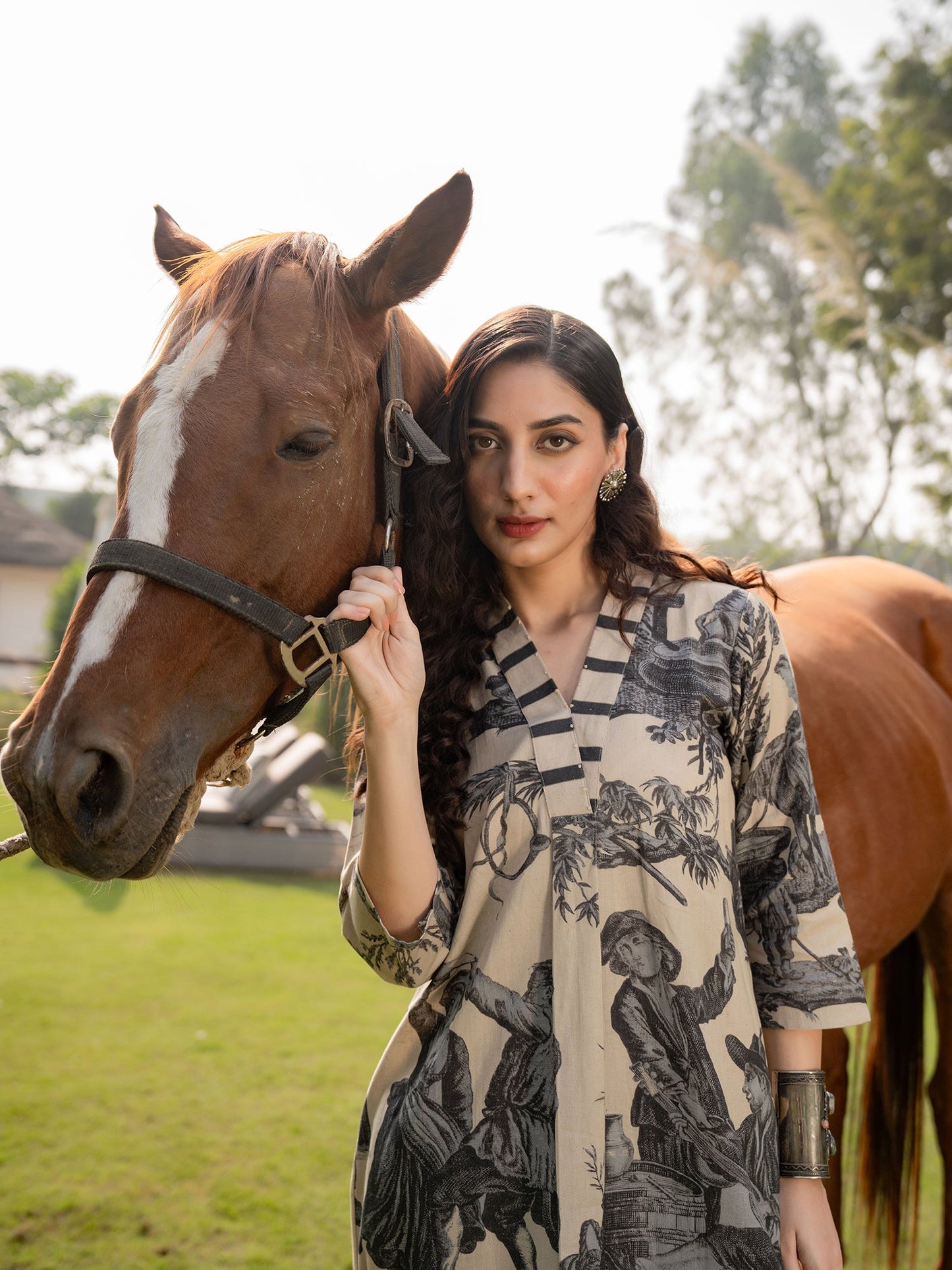Indo Era Beige Printed A-Line Kurta Trousers  Set