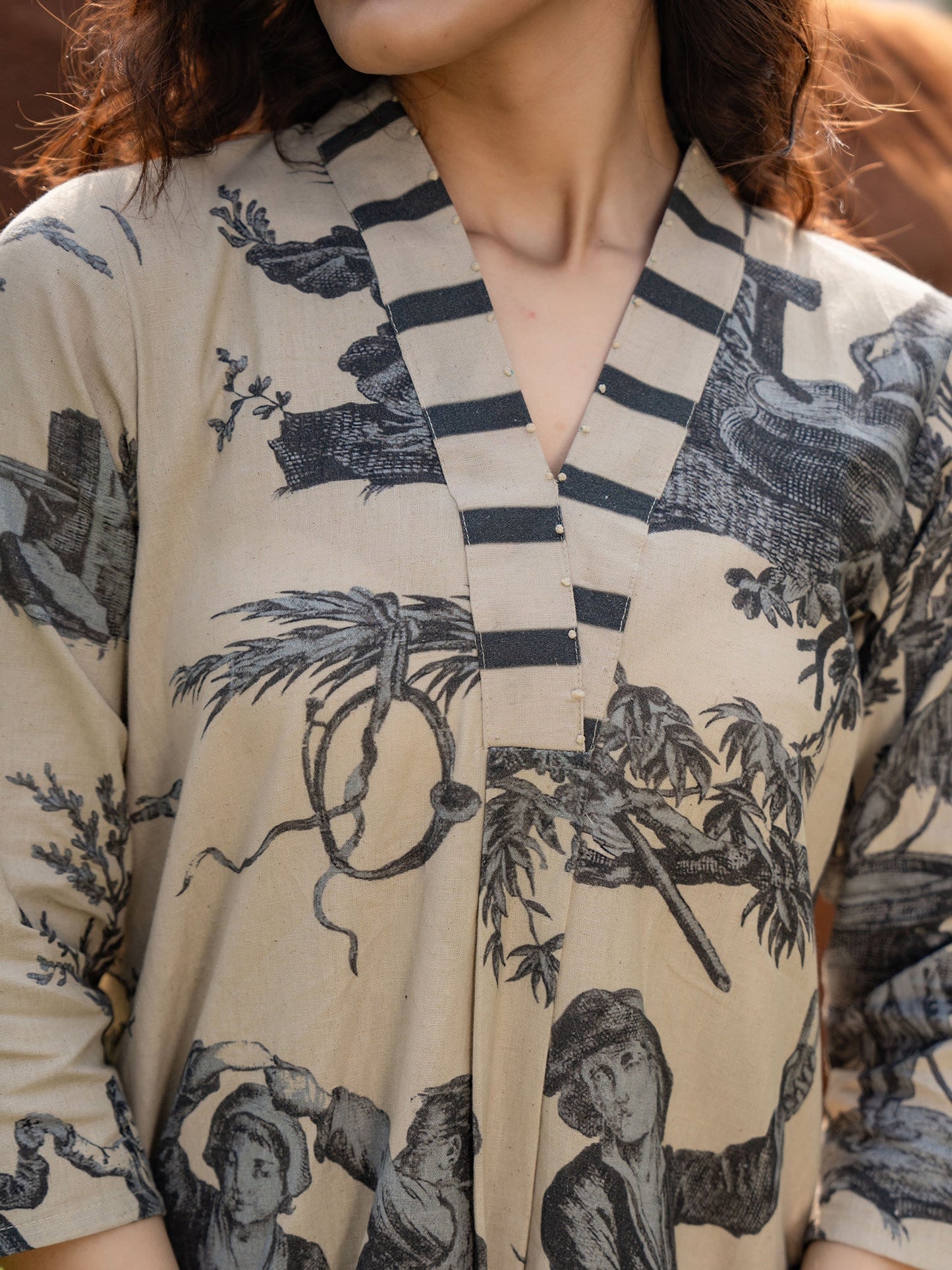 Indo Era Beige Printed A-Line Kurta Trousers  Set