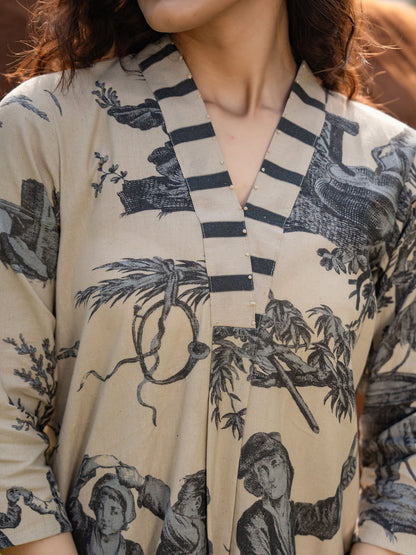 Indo Era Beige Printed A-Line Kurta Trousers  Set