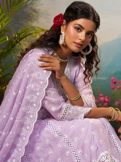 Indo Era Lavender Embroidered Anarkali Kurta Trousers With Dupatta Set