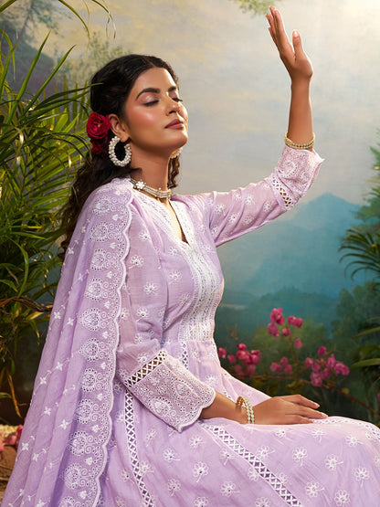 Indo Era Lavender Embroidered Anarkali Kurta Trousers With Dupatta Set