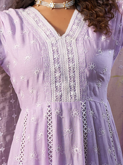 Indo Era Lavender Embroidered Anarkali Kurta Trousers With Dupatta Set