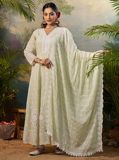 Indo Era Green Embroidered Anarkali Kurta Trousers With Dupatta Set