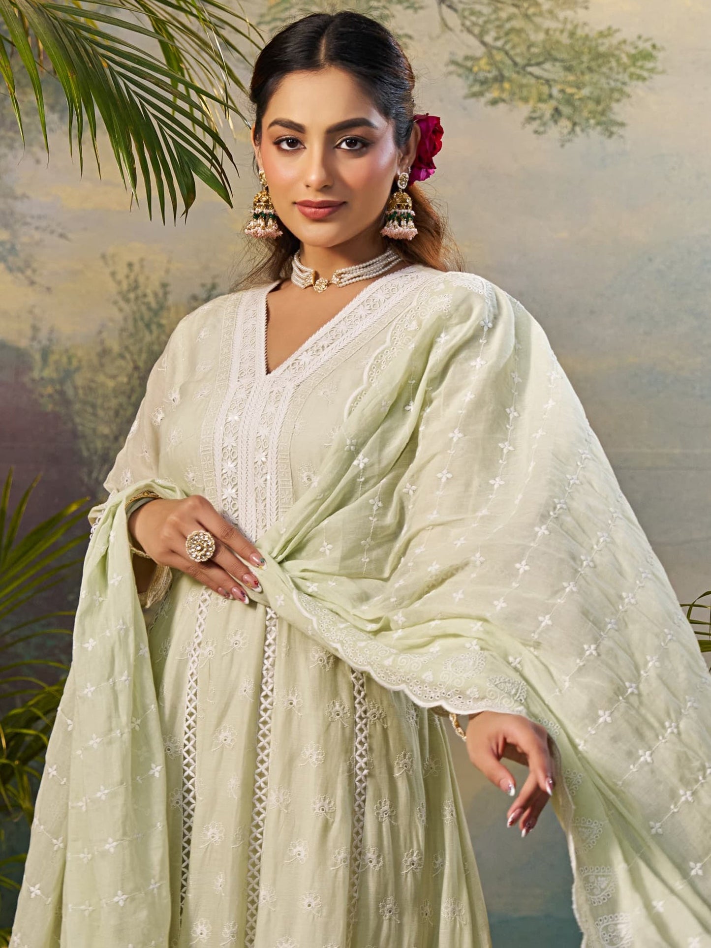 Indo Era Green Embroidered Anarkali Kurta Trousers With Dupatta Set