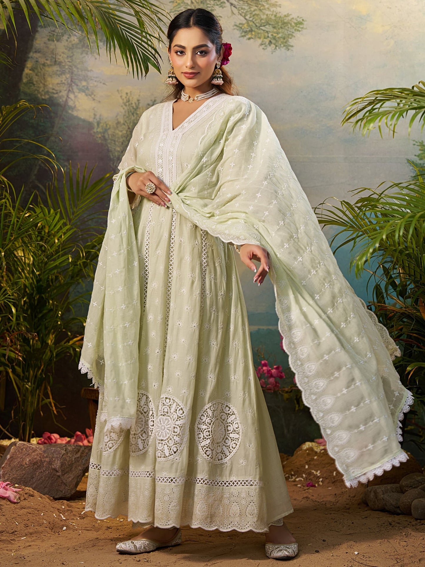 Indo Era Green Embroidered Anarkali Kurta Trousers With Dupatta Set