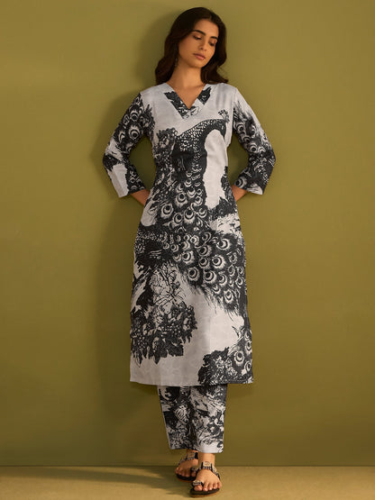 Indo Era Black Printed Straight Kurta Trousers  Set