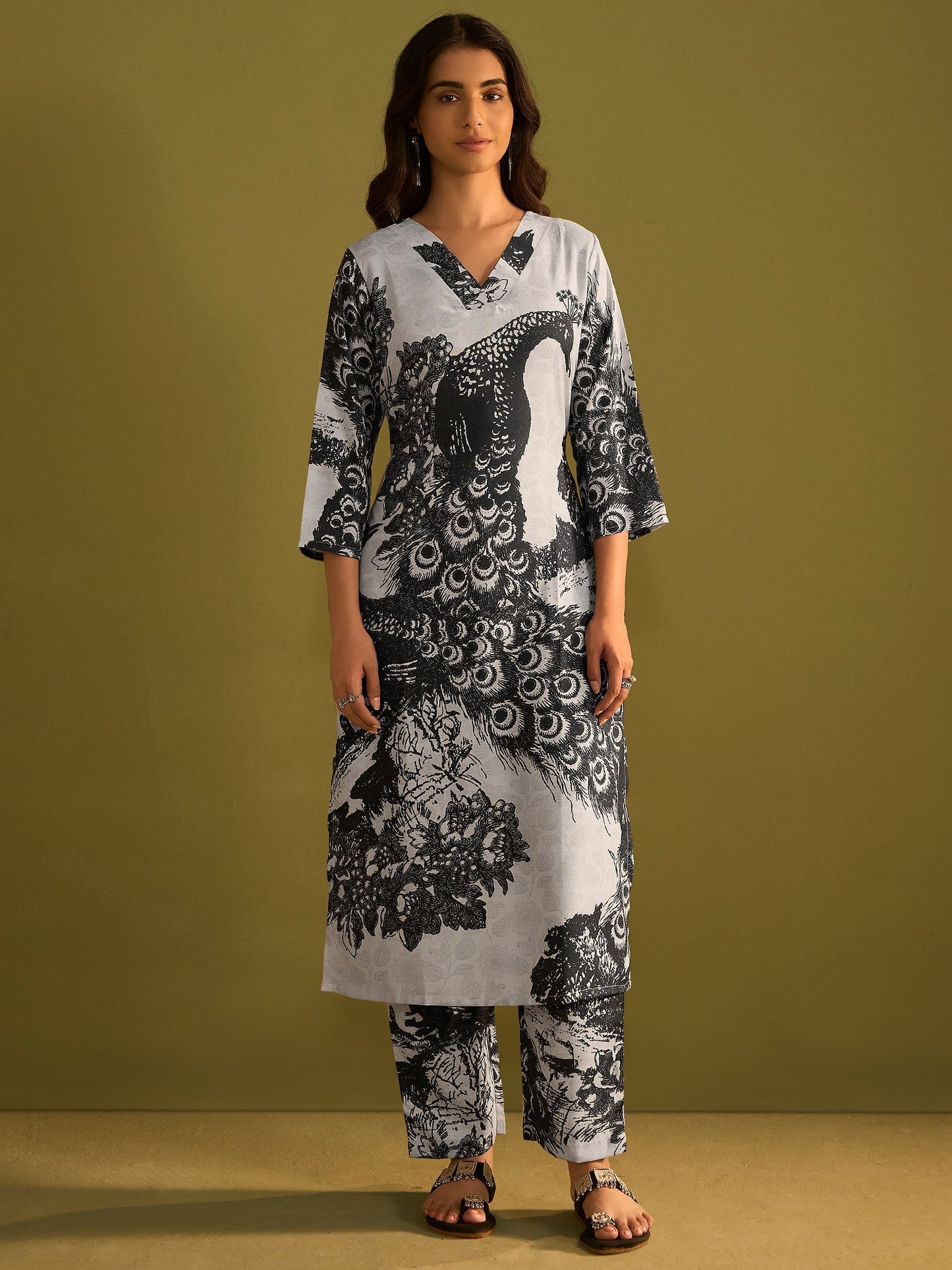 Indo Era Black Printed Straight Kurta Trousers  Set