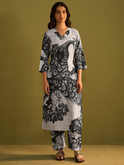 Indo Era Black Printed Straight Kurta Trousers  Set