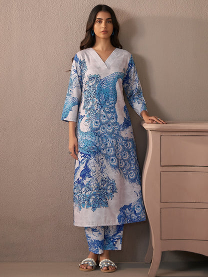 Indo Era Blue Printed Straight Kurta Trousers  Set