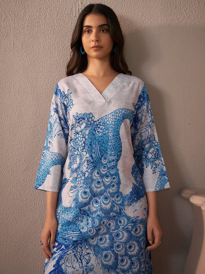 Indo Era Blue Printed Straight Kurta Trousers  Set