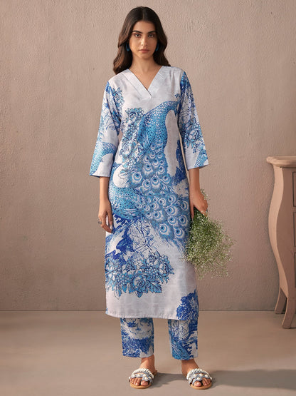 Indo Era Blue Printed Straight Kurta Trousers  Set