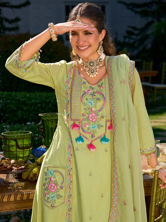 Green Embroidered A-Line Kurta Trousers With Dupatta Set