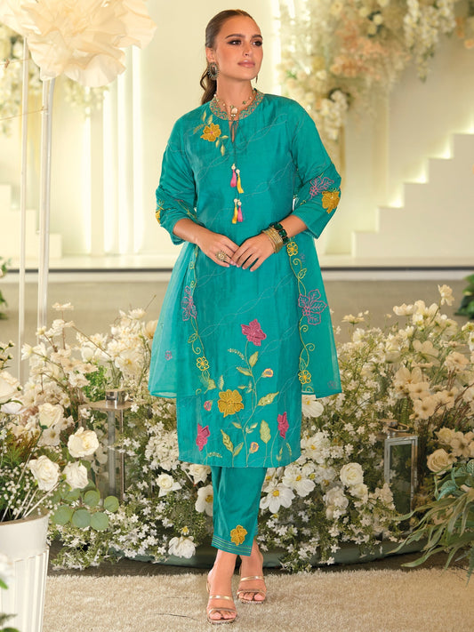 Blue Embroidered Straight Kurta Trousers With Dupatta Set