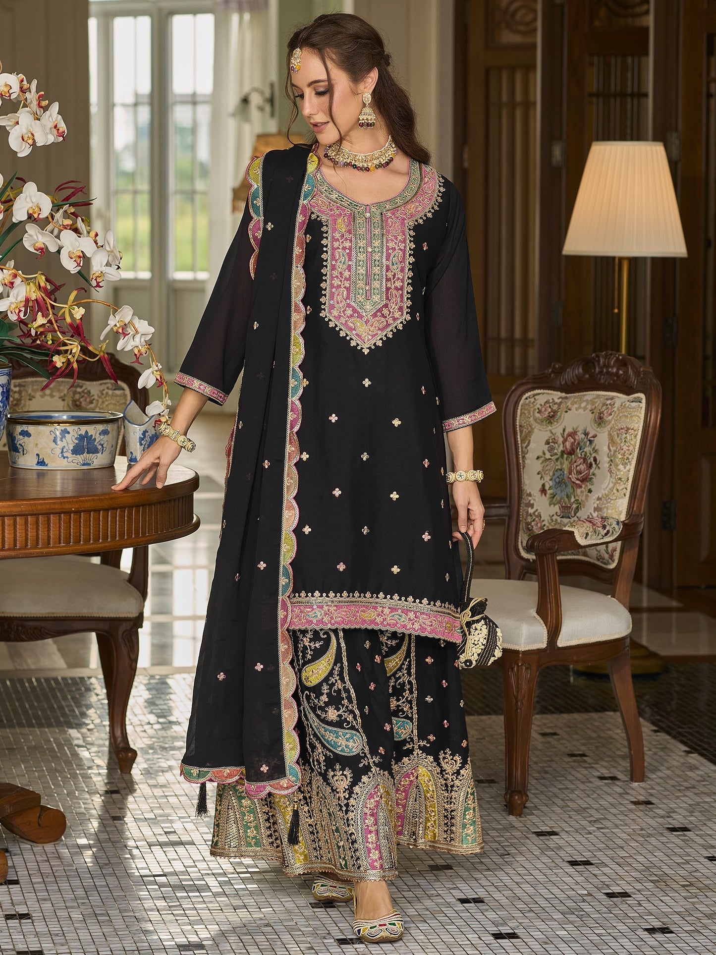 Indo Era Black Embroidered Straight Kurta Sharara With Dupatta Set