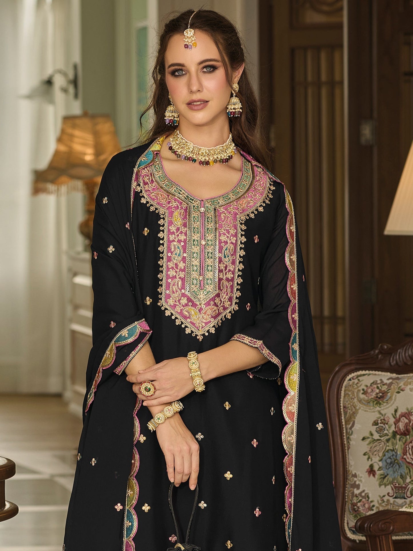 Indo Era Black Embroidered Straight Kurta Sharara With Dupatta Set