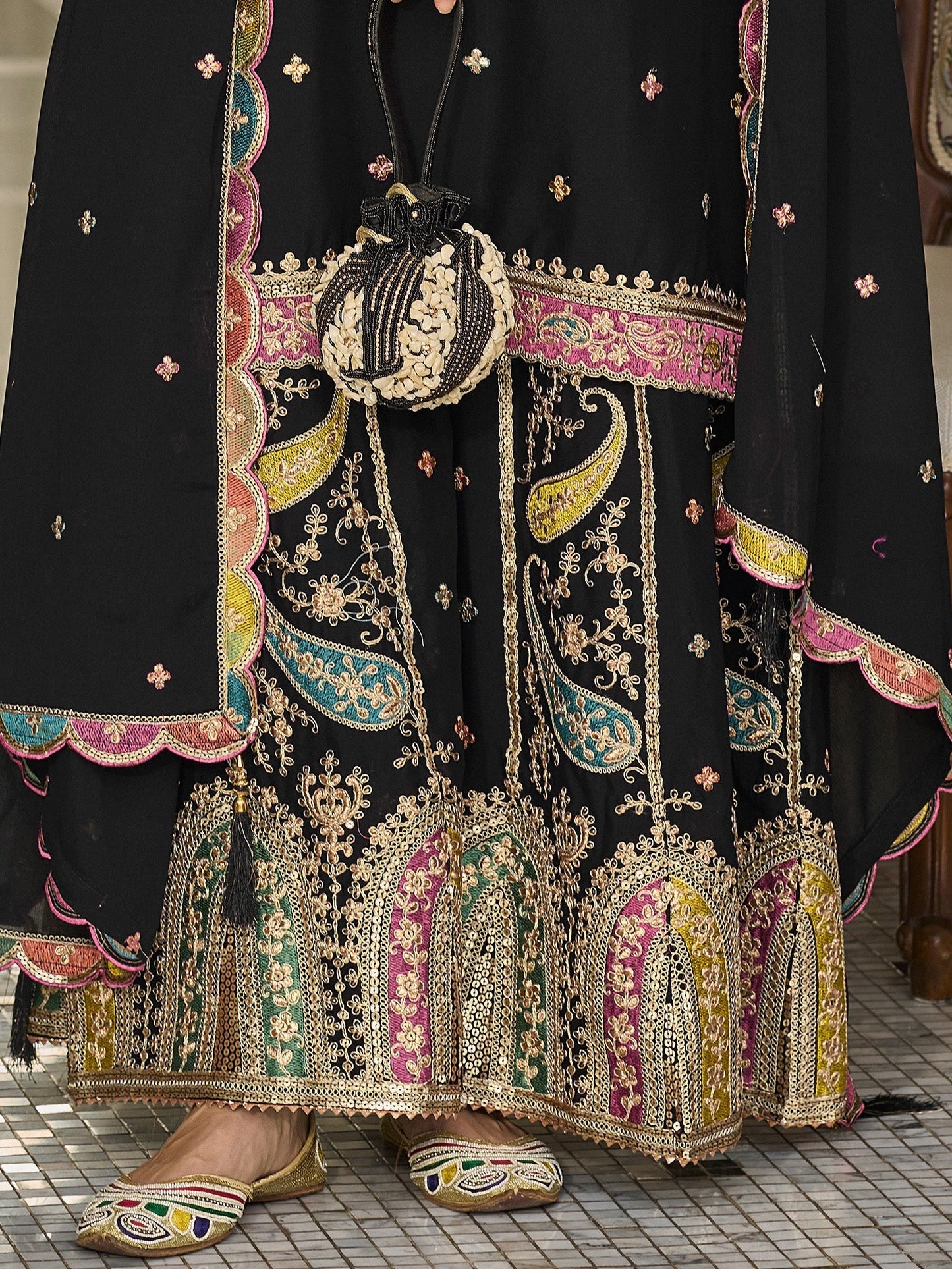 Indo Era Black Embroidered Straight Kurta Sharara With Dupatta Set