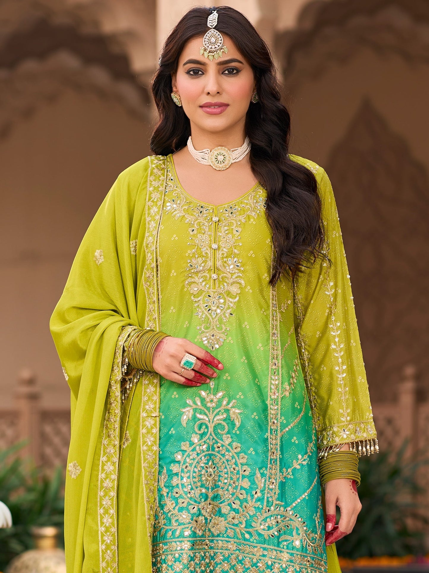 Indo Era Green Embroidered Straight Kurta Palazzos With Dupatta Set
