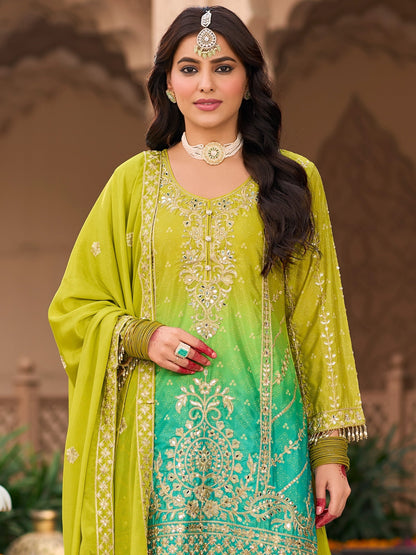 Indo Era Green Embroidered Straight Kurta Palazzos With Dupatta Set