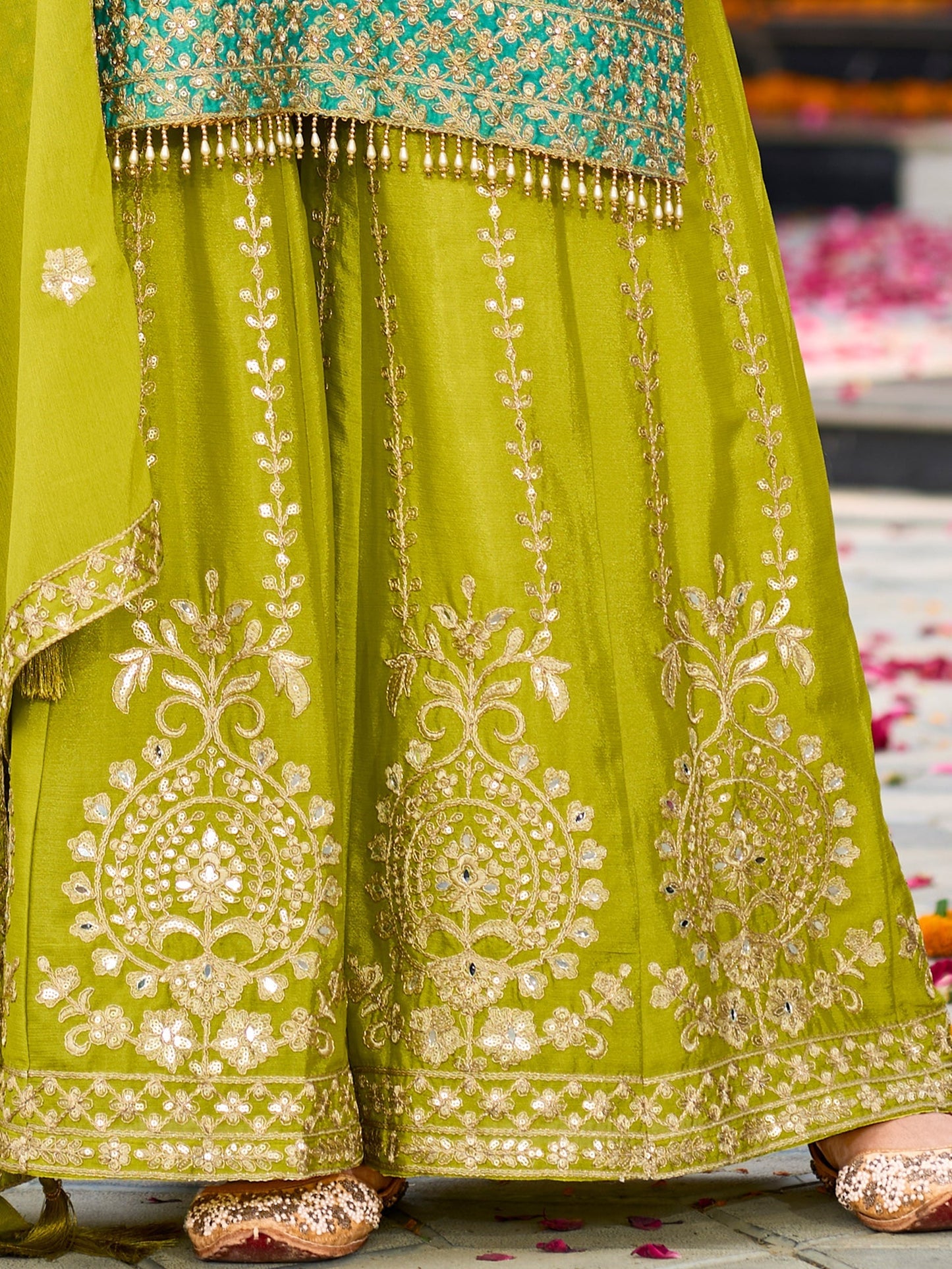 Indo Era Green Embroidered Straight Kurta Palazzos With Dupatta Set
