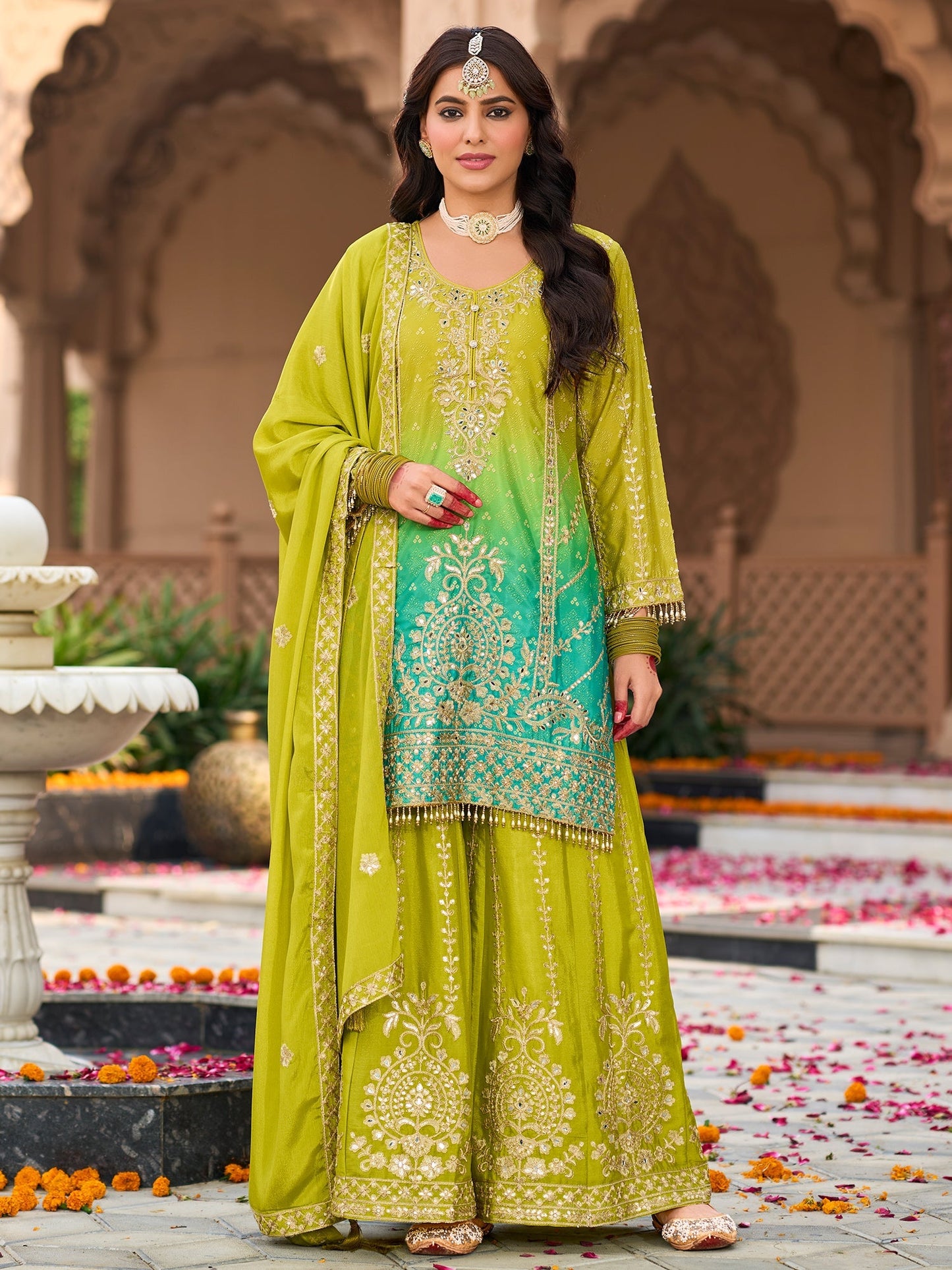 Indo Era Green Embroidered Straight Kurta Palazzos With Dupatta Set