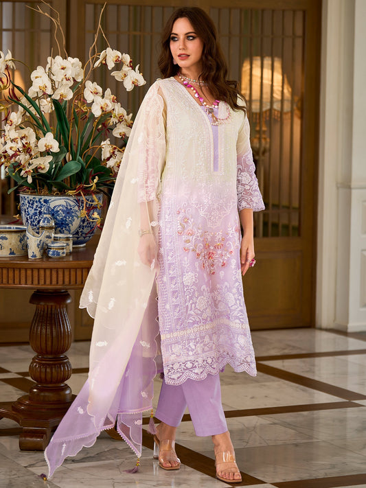 Lavender Embroidered Straight Kurta Trousers With Dupatta Set