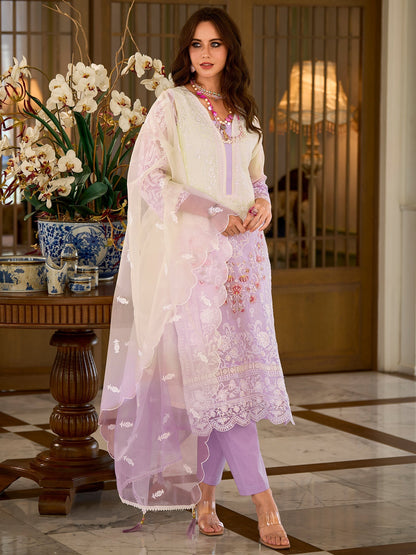 Lavender Embroidered Straight Kurta Trousers With Dupatta Set