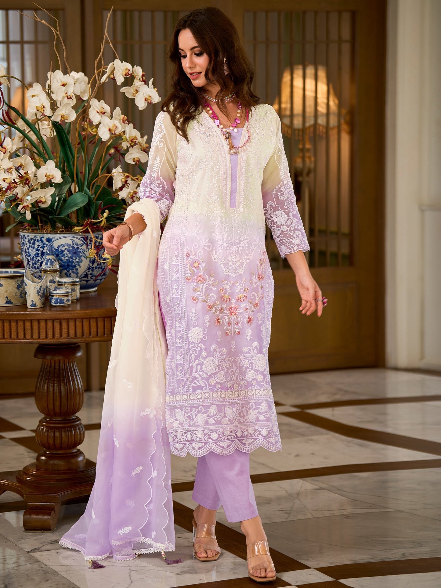 Lavender Embroidered Straight Kurta Trousers With Dupatta Set