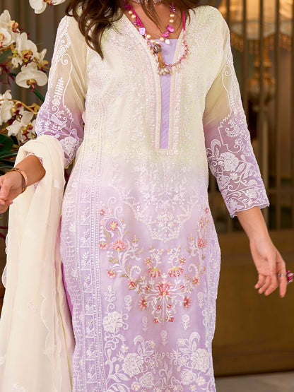 Lavender Embroidered Straight Kurta Trousers With Dupatta Set