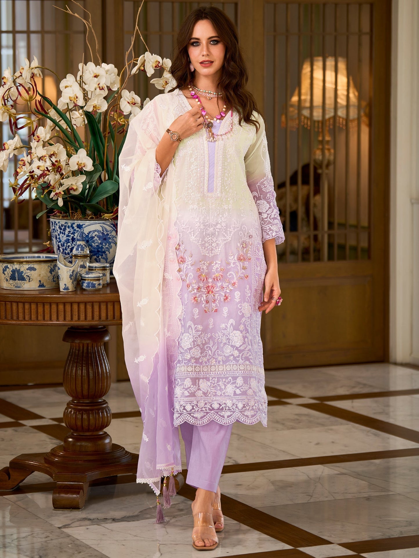 Lavender Embroidered Straight Kurta Trousers With Dupatta Set