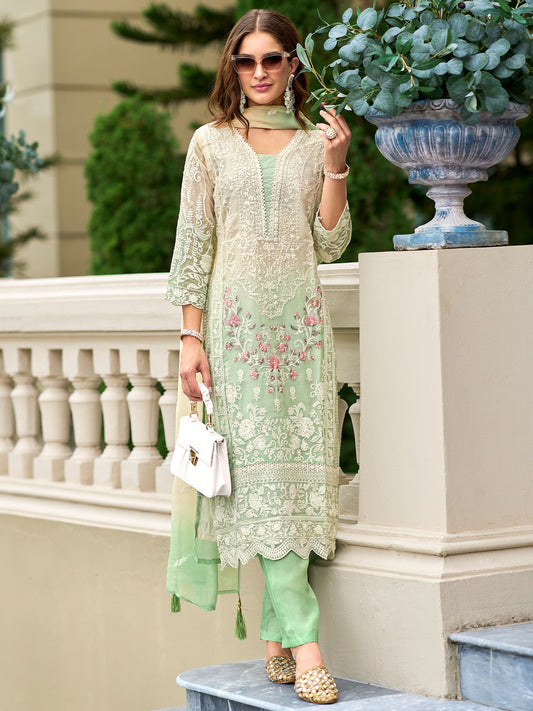 Green Embroidered Straight Kurta Trousers With Dupatta Set