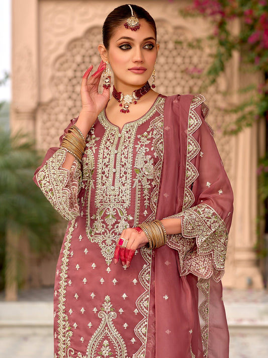 Mauve Embroidered Straight Kurta Trousers With Dupatta Set