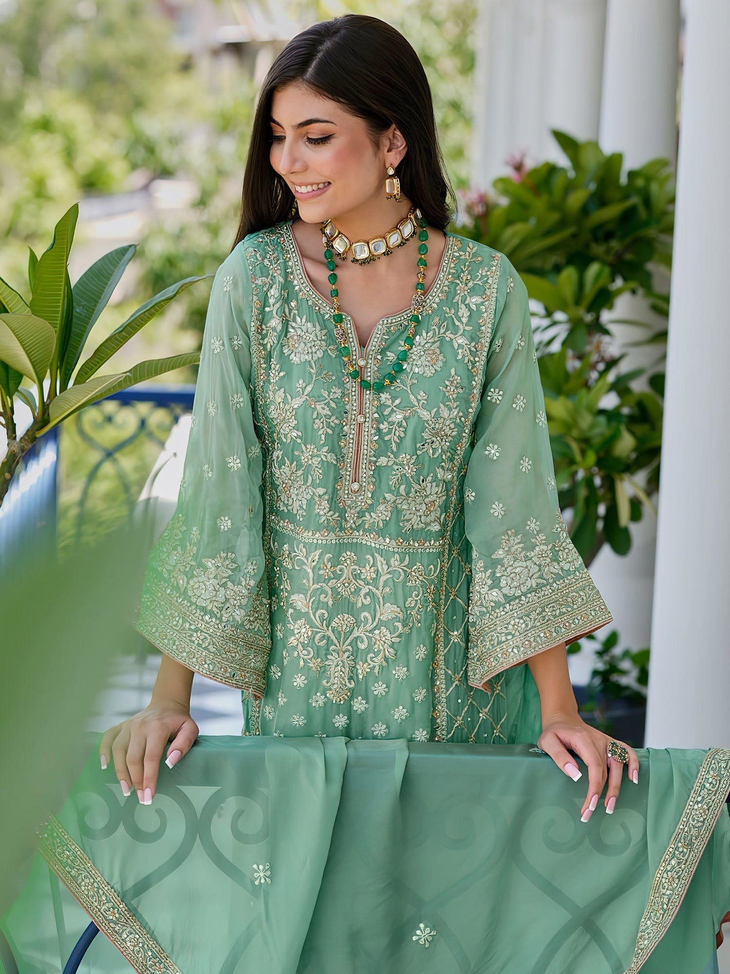 Indo Era Green Embroidered Straight Kurta Trousers With Dupatta Set