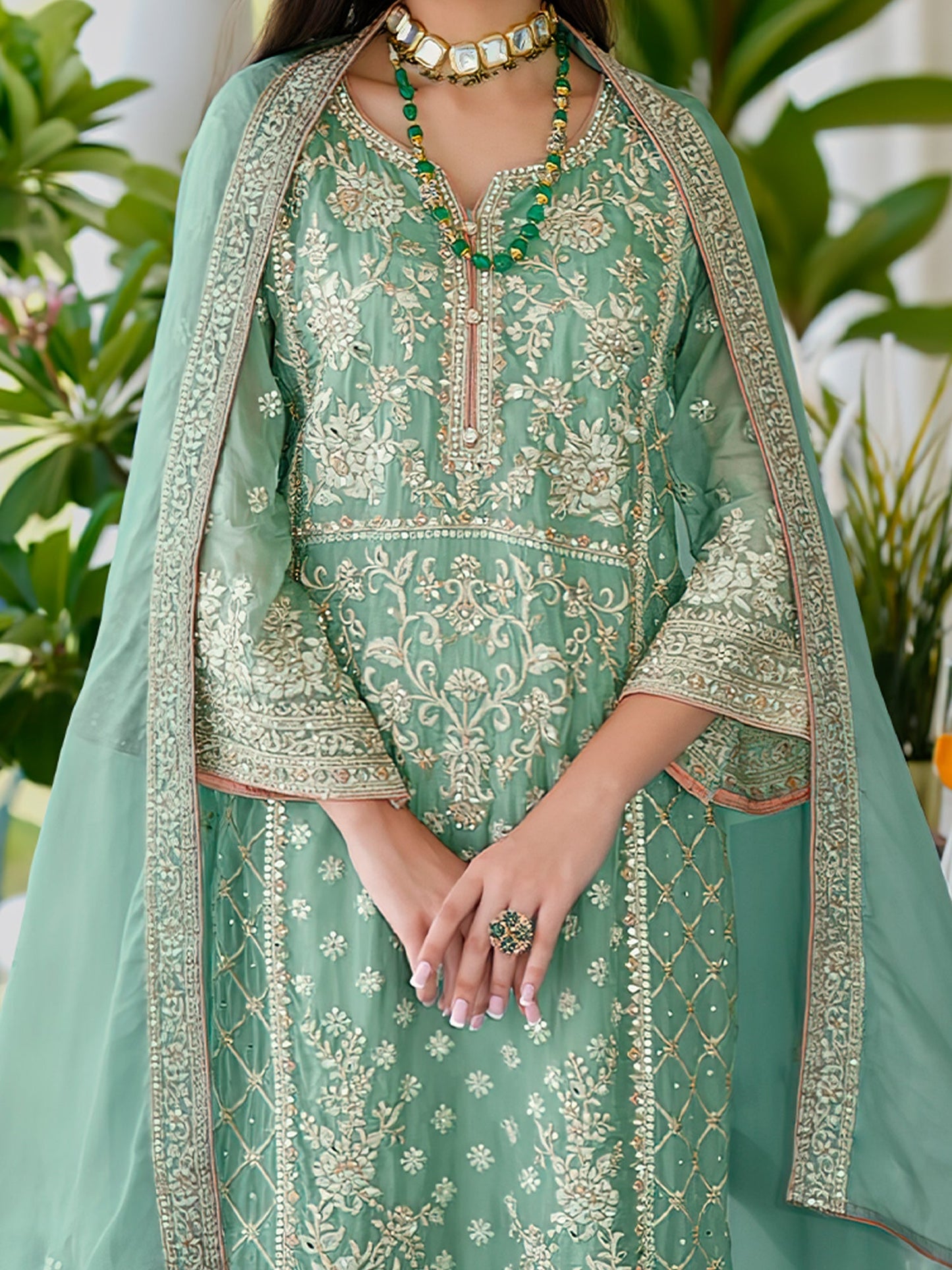 Indo Era Green Embroidered Straight Kurta Trousers With Dupatta Set