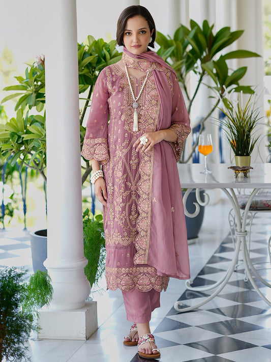 Mauve Embroidered Straight Kurta Trousers With Dupatta Set