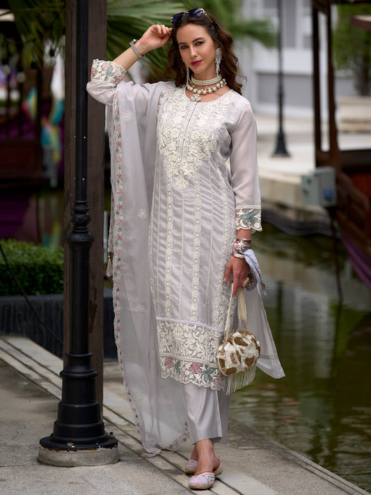 Indo Era Grey Embroidered Straight Kurta Trousers With Dupatta Set