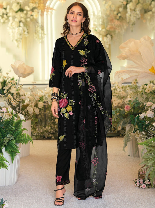 Black Embroidered Straight Kurta Trousers With Dupatta Set
