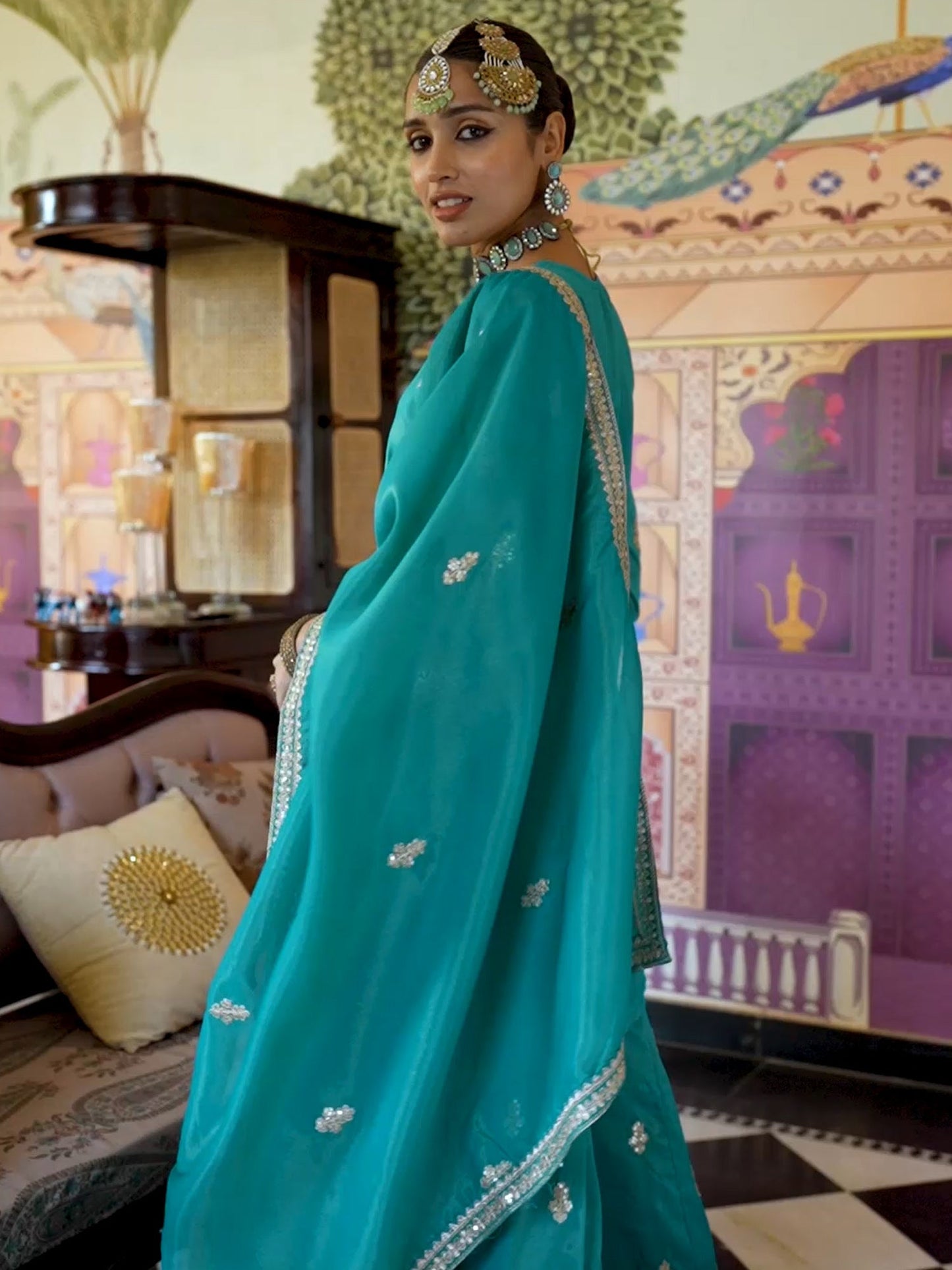 Blue Embroidered Straight Kurta Palazzos With Dupatta Set