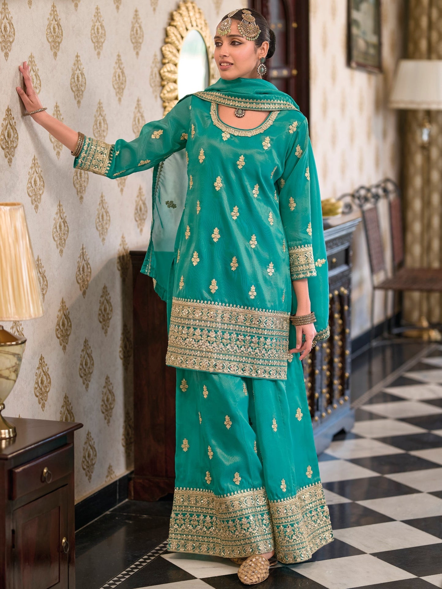 Blue Embroidered Straight Kurta Palazzos With Dupatta Set