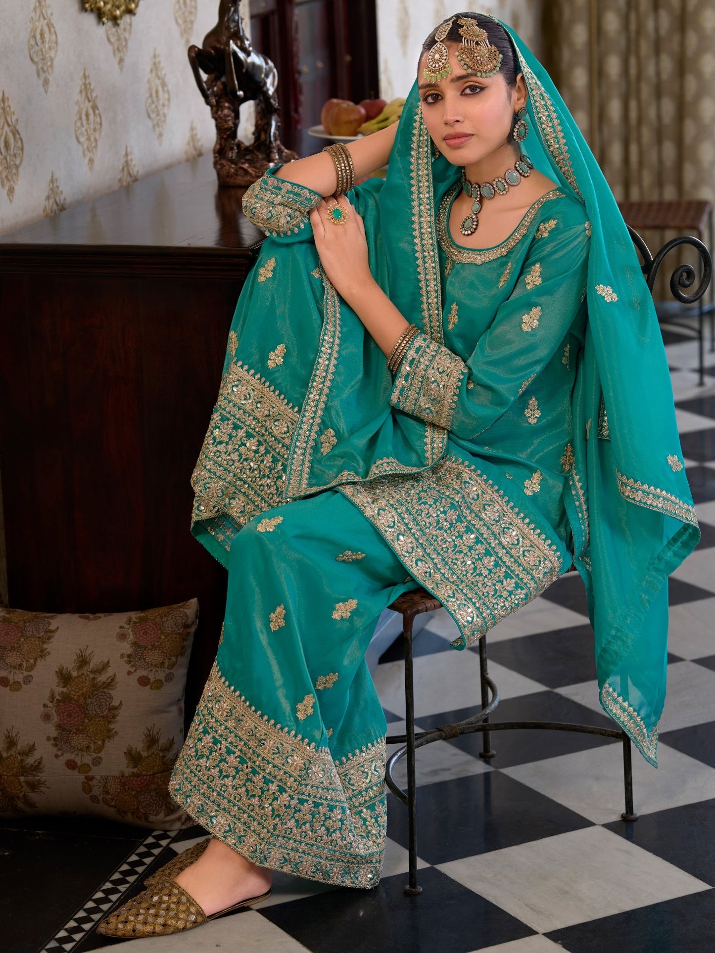 Blue Embroidered Straight Kurta Palazzos With Dupatta Set