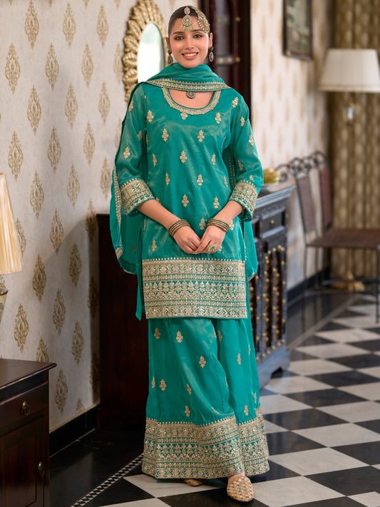 Blue Embroidered Straight Kurta Palazzos With Dupatta Set