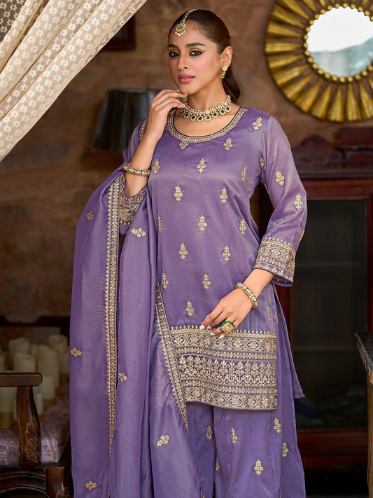 Lavender Embroidered Straight Kurta Palazzos With Dupatta Set