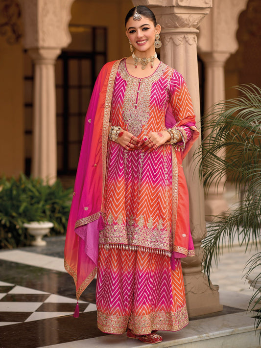 Multi Embroidered A-Line Kurta Palazzos With Dupatta Set