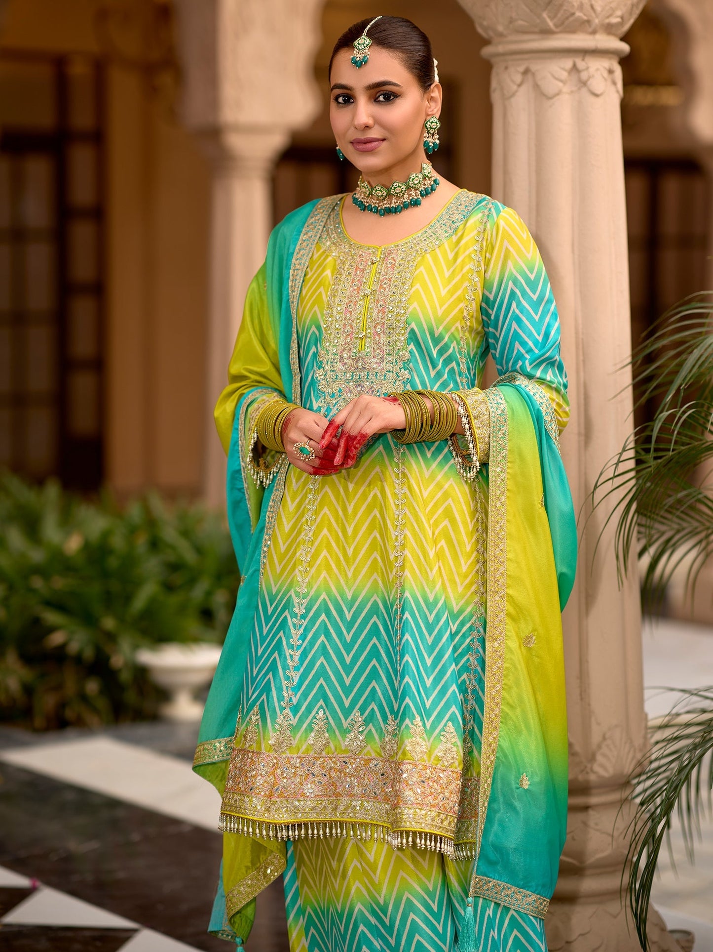 Multi Embroidered A-Line Kurta Palazzos With Dupatta Set