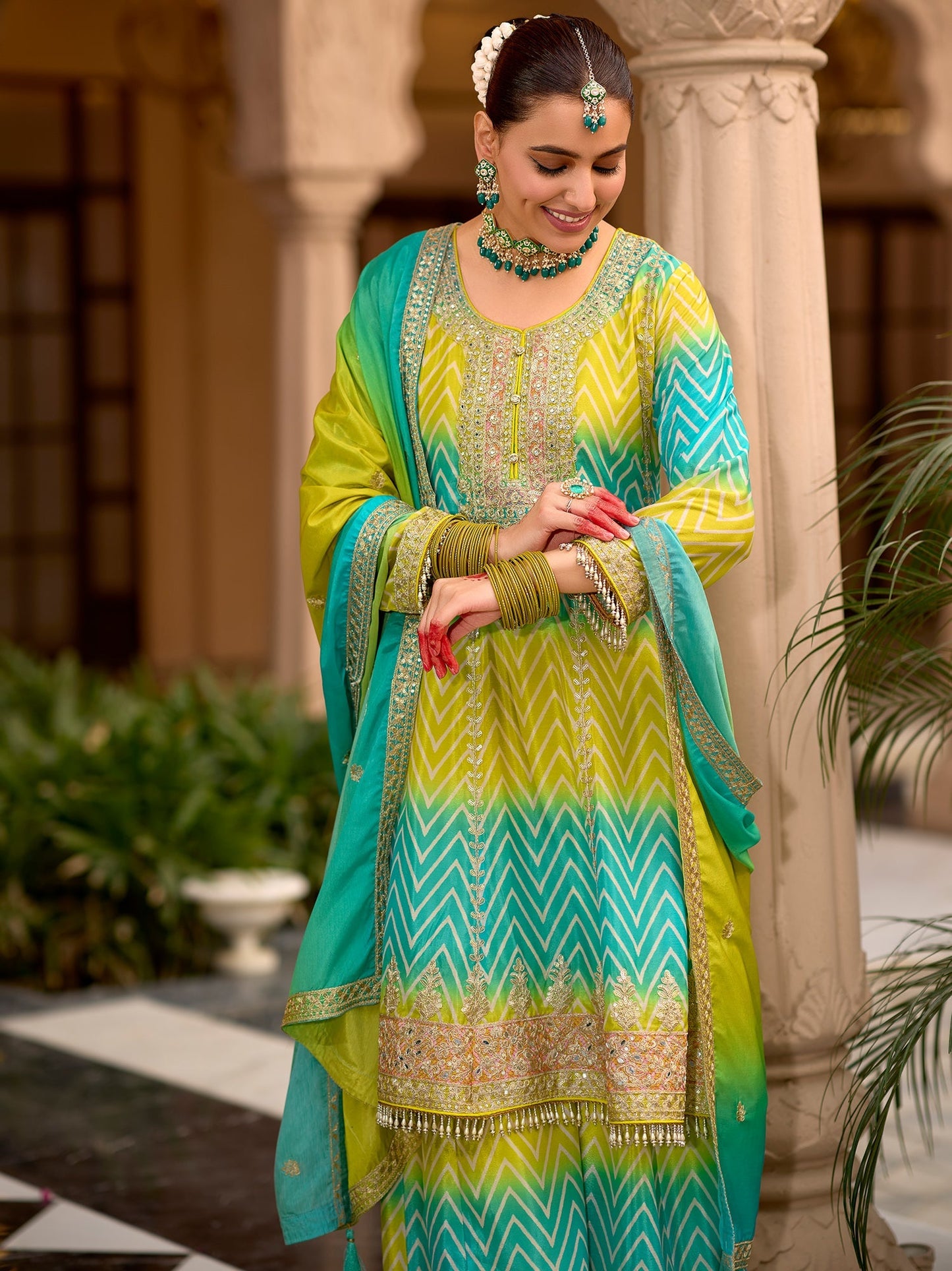 Multi Embroidered A-Line Kurta Palazzos With Dupatta Set