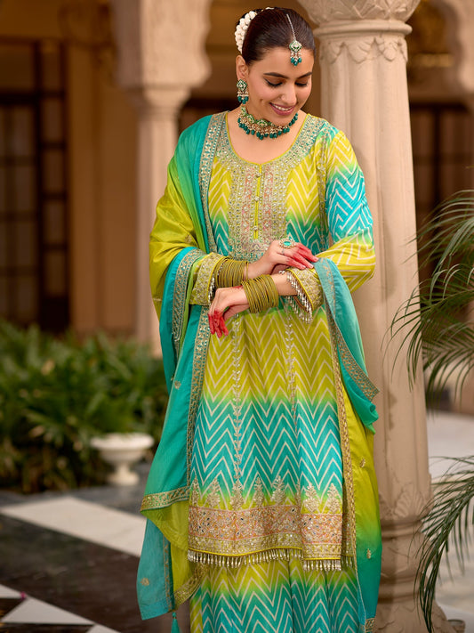 Multi Embroidered A-Line Kurta Palazzos With Dupatta Set