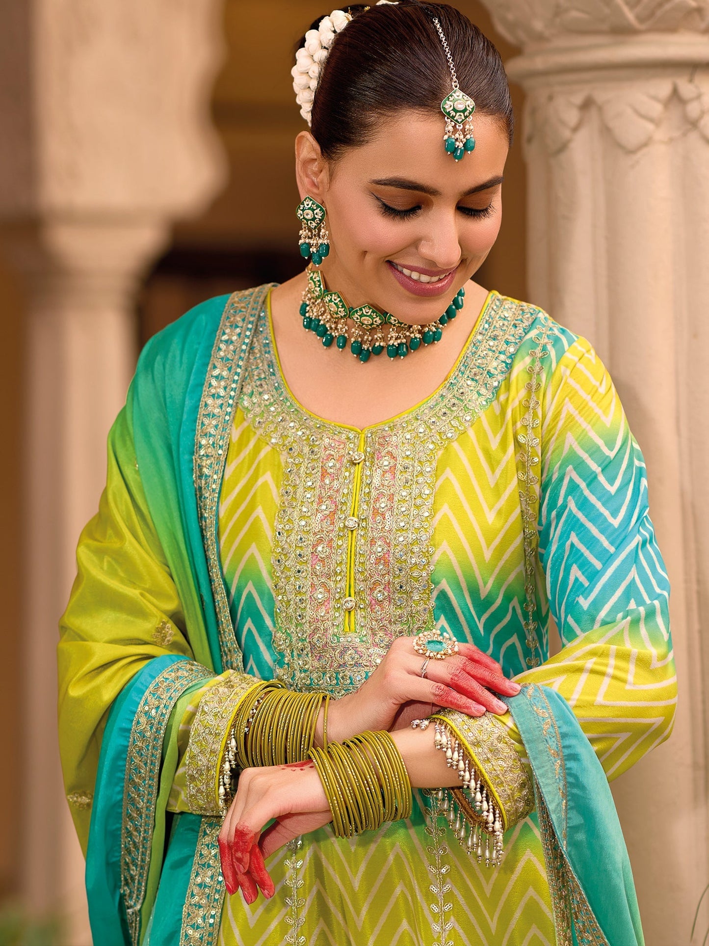 Multi Embroidered A-Line Kurta Palazzos With Dupatta Set