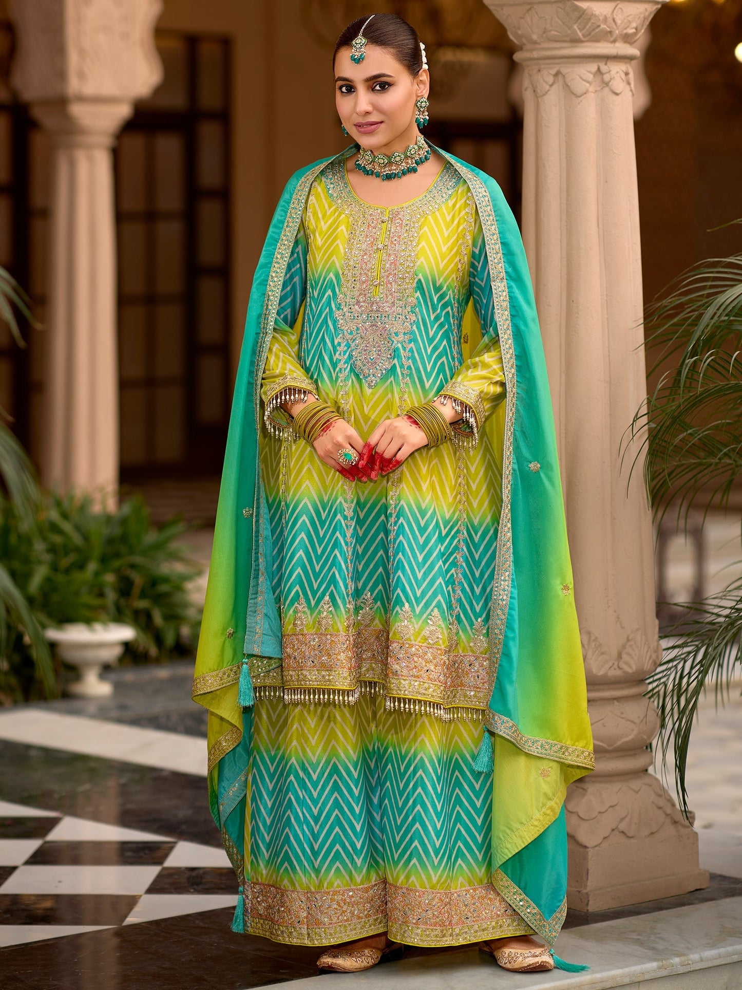 Multi Embroidered A-Line Kurta Palazzos With Dupatta Set